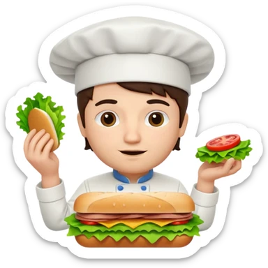 A 3D cartoon chef assembling a fresh sandwich with lettuce and meat, clean kitchen background, Memoji-style. sticker