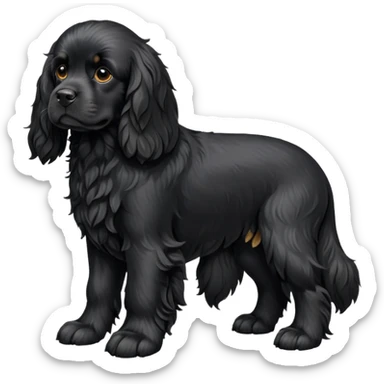 cinematic-[black cocker spaniel dog]-realistic-full-body-sitting-emoji,-tail-resting-loosely-beside-its-paws,-head-tilted-dramatically,-scruffy-[solid black]-fur,-simplified-yet-realistic-focused-features,-highly-detailed,-glowing-with-an-almost-sarcastic-glow sticker