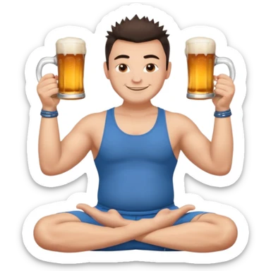big slavic guy sitting in yoga pose, spiky short dark hair, holding beer mugs in two hands sticker