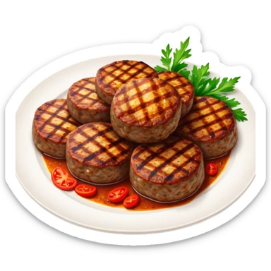 Cinematic Realistic image of Turkish Köfte, presented as perfectly formed, spiced meat patties with detailed textures and subtle grill marks, arranged artfully on a simple plate and illuminated by warm, appetizing lighting that accentuates their savory appeal. sticker