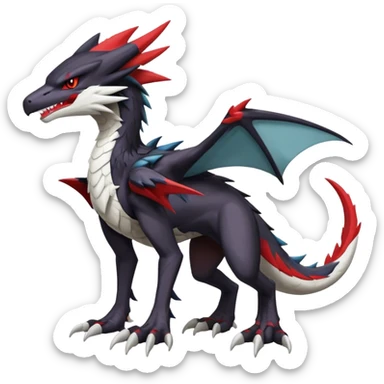 Black Cool Edgy Anthro Noivern-Nargacuga-Silvally-Sergal-Garchomp-Fakémon  with White and Red Edgy markings sticker
