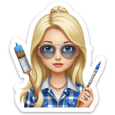 girl with long blond hair, wearing plaid shirt with blue eyes and aviator sunglasses wearing a ring on her silver necklace, holding a paintbrush roller sticker