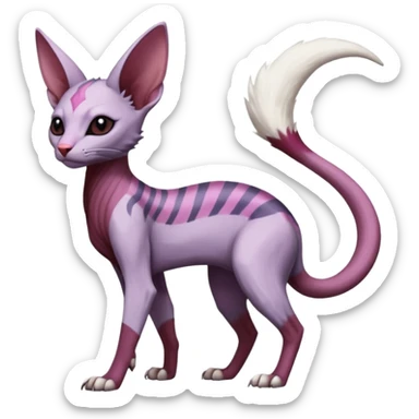 Purple, white, black, Minccino-Sphynx-Lykoi-Linoone-Zangoose-fusion-hybrid-animal-Fakémon-creature, full body, thin long sleek scaly tail, intricate markings sticker