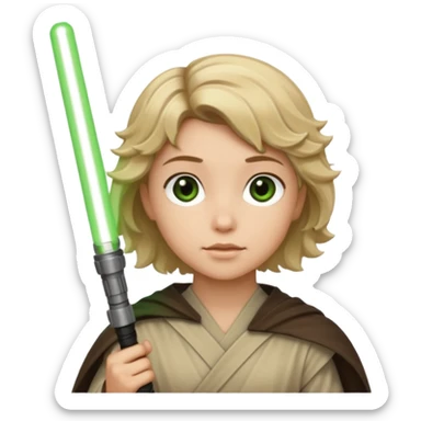 Young jedi with sandy blonde wavy short hair holding a green light saber. With brown eyes sticker