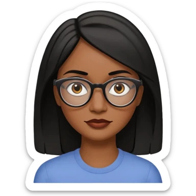 A 30 year woman emoji with medium-dark skin, straight shoulder-length black hair parted to the side, an oval-shaped face, arched dark eyebrows, large brown eyes with glasses, a small nose, and natural-toned lips. sticker