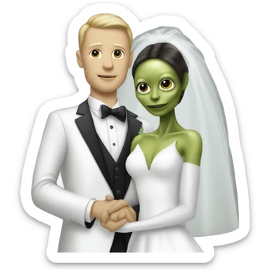 White humman man in a tuxedo holding, Alien reprilian woman in wedding dress, and one , hands getting married sticker