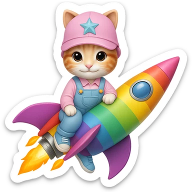 Change the rocket to a rainbow-colored rocket. Keep the kitten wearing pastel blue denim overalls, pastel blue sneakers, and a pastel pink hat with a star. The kitten is sitting and smiling sweetly. Remove the background. sticker