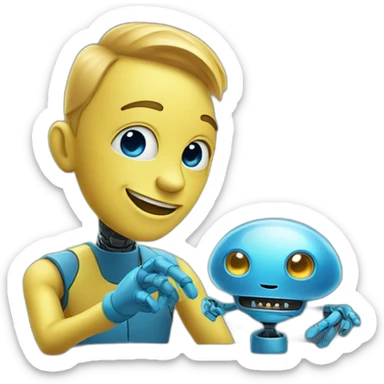 a blue smiling alien with a robot touch sticker