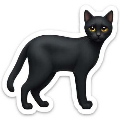 A petite, solid black sleek furred cat. Light yellow eyes. Black pointed tufts of long fur at only the very tip-top points of its ears. Fully body and no other color markings. Facing forward and standing with ears slightly tilted. sticker