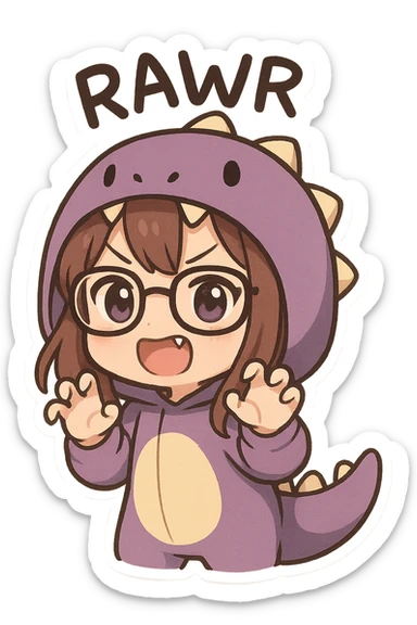 chibi anime style girl with glasses, brown hair, dark purple eyes, wearing a purple dinosaur costume, saying 'rawr' in a cute playful way, clawing the air with her hands and showing her teeth sticker