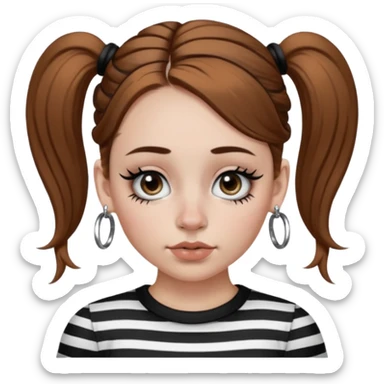 a white girl with brown hair in very low pigtails black eyeliner big false eyelashes with a septum piercing nose piercing big hoop earings dermals close to the eyes one on each side wearing a black and white striped long sleeve shirt sticker