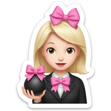 A happy face holding a bomb and the bomb has a cute pink bow sticker