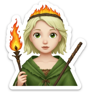 ancient european girl, tattered leaf green cloth, hold fire stick sticker