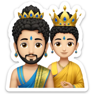 Create a Jesus, Krishna, and Buddha standing together. Krishna: bright blue skin, black curly hair tied in a small topknot, a tiny golden crown decorated with a peacock feather, wearing a yellow dhoti and light golden jewelry

 sticker