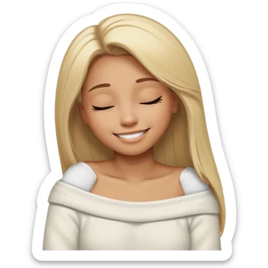 Mujer color de piel moreno claro, con cabello rubio largo, lacio y suelto, ojos negros, usando un suéter off shoulders blanco, sonriendo sin enseñar los dientes durmiendo  sticker