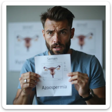 hyperrealistic 4K close-up of a man in his 30s staring at semen analysis results with 'azoospermia' written in bold, hands trembling, anxious and shocked expression, urologist's office with fertility diagrams on wall, clinical atmosphere sticker