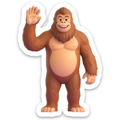 Bigfoot waving, smiling, forest background sticker