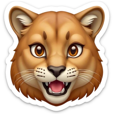 Cinematic Comical Cougar Portrait Emoji, Head tilted dramatically with an exaggeratedly amused expression, featuring a striking tawny Fur with bold dark accents and wide, expressive amber eyes filled with playful disbelief, Simplified yet hilariously expressive features, highly detailed, glowing with a slightly sassy glow, high shine, dramatic yet playful, stylized with an air of cheeky wilderness mischief, bright and endearing, soft glowing outline, capturing the essence of a spirited and over-the-top cougar, so meme-worthy it feels like it could pounce its way into internet fame instantly! sticker