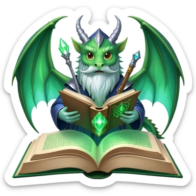 Icon for Fantasy and Sci-Fi Literature: a magical book with glowing pages, surrounded by a dragon, a spaceship, and a wizard with a staff. The icon should capture the adventurous and imaginative world of fantasy and science fiction. Transparent background. sticker