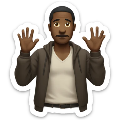 black man with hands next to head in shrugging position, with attitude sticker