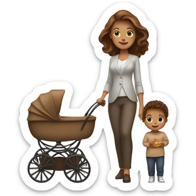 beautiful mother with brown hair. next to caramel baby carriage sticker