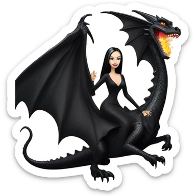 empowered beautifully dressed teen Morticia Addams Malibu Beach Barbie Jedi flying/riding on the back of a very large black shiny evil-looking fire-spewing horned dragon. proper scale sticker