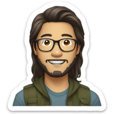 young asian guy brown long hair with parting in the middle turtletoise glasses and a beard sticker