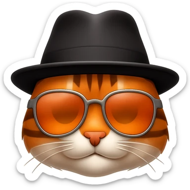 Edit the image of a cool cat with sunglasses and a hat in an emoji style. Remove the background and emphasize the coolness with sunglasses and a hat, resembling an emoji look. sticker