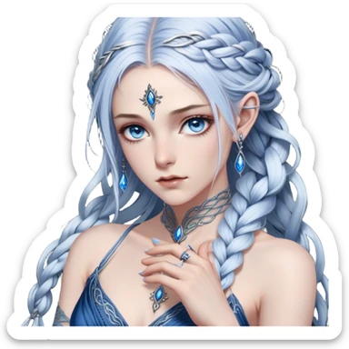 A cold and formidable female Fae with piercing steel-blue eyes, her gaze sharp enough to cut. Her long, silver-streaked hair is swept into a loose yet elegant braid. Dressed in a dark, form-fitting gown with intricate silver embroidery, she exudes an aura of untouchable power. Her fingers rest lightly on the hilt of an obsidian dagger, the only outward sign of the warrior within sticker
