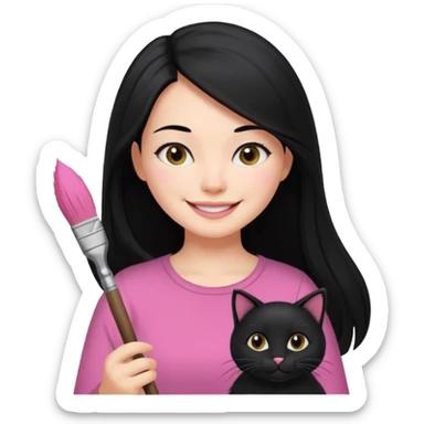 Painting women. smilling   Long black hair,  lunette peinture top pink, pinceau with is black cat  sticker
