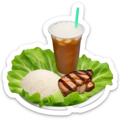 Rice with chicken and steak on a bed of lettuce with a orange boba drink next to it  sticker