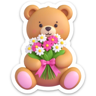 A cute teddy bear with a pink bow on its head, holding a bouquet of white flowers, in a 3D iOS Disney style, with a soft pink background and hearts floating around. sticker