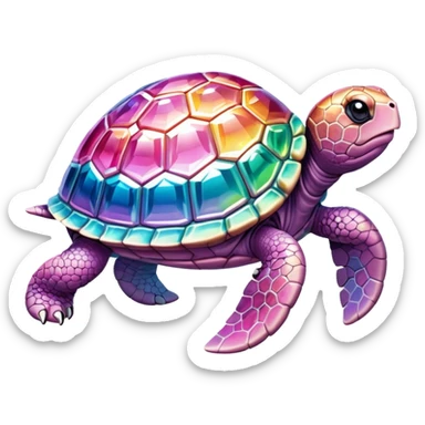 Photorealistic turtle sculpted from sparkling pink diamond, intricate facets, rainbow light refraction, crystal clear texture, luxury jewelry aesthetic, studio photo.. sticker