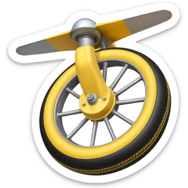 Isometric view of airplane landing gear in emoji style — one inflated, puffy wheel with a strut, soft 3D look, rounded shapes, clean and cartoon-like sticker