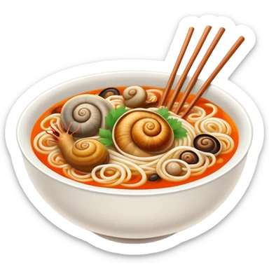 Liuzhou Snail Rice Noodles spicy soup with river snails, simplified emoji style with bold outlines and bright colors, cartoon style Guangxi specialty food sticker