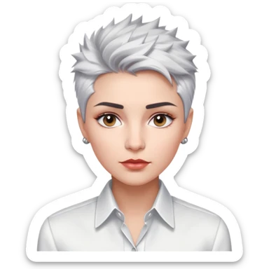 Marian Pabón with elegant facial features, light rosy complexion, expressive eyes, medium well-defined lips, sophisticated pronounced cheekbones, short spiky silver hair styled like a men's cut, dressed in a crisp white button-up shirt sticker
