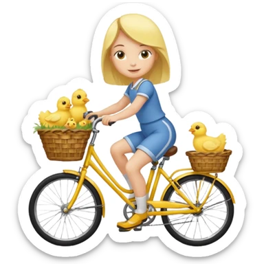 A flat toon cartoon girl riding a bicycle with a basket full of baby chicks, 1:1 square ratio. sticker