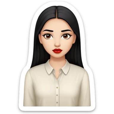 Young woman with oval face, high cheekbones, dark brown eyes, thick eyebrows, red lipstick, light brown skin, long straight black hair, wearing a white blouse sticker