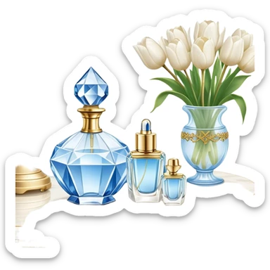 A dreamy composition of a crystal perfume bottle with an ornate golden atomizer, placed on a lace-trimmed vanity table, accompanied by a bouquet of white magnolias and soft blue tulips.
 sticker