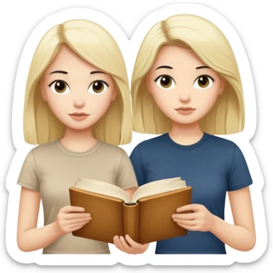 beautiful white girl with black hair in beige t-shirt and beautiful blonde with long hair in beige t-shirt reading beautiful vintage book sticker