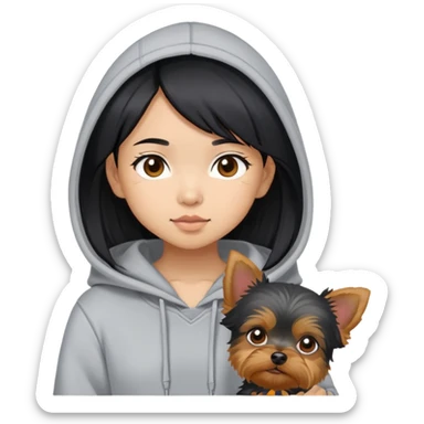 a black-haired asian girl wearing a grey hoodie with a yorkie  sticker