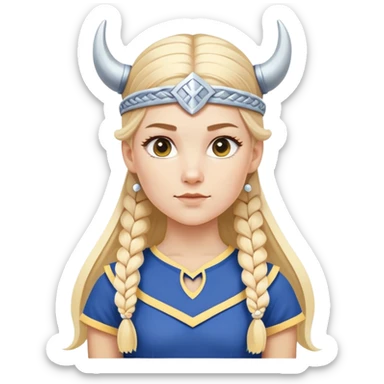 young white woman, light blonde hair styled in a long elegant braid with a white bow. She is wearing a stylized Viking helmet in blue and yellow colors (with small white horns and retro details). She wears a classic blue and yellow cheerleading uniform sticker