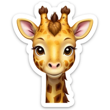Cinematic Cute Giraffe Portrait Emoji, Head tilted playfully and inquisitively, featuring a glossy, patterned Fur of warm yellows and browns with delicate white spots, round, sparkling eyes filled with curious wonder, Simplified yet irresistibly adorable features, highly detailed, glowing with a warm, friendly glow, high shine, affectionate and gentle, stylized with a touch of savannah whimsy, bright and endearing, soft glowing outline, capturing the essence of a mischievous yet loving giraffe, so playful it feels like it could gallop out of the screen and into your arms! sticker