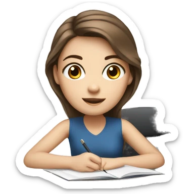 white girl studying at desk, brown hair, blue eyes, computer sticker