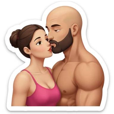 Muscular Bald man with a beard passionately kissing his young brunette wife  sticker