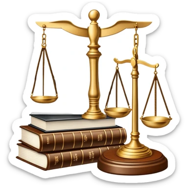 An icon featuring a gavel, scales of justice, and legal books, symbolizing law. The design includes a courthouse building in the background, representing the legal system and justice. Transparent background highlights the authority and structure of the law. sticker