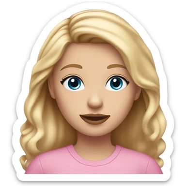 I 21 year old girl with warm blonde hair and blue eyes in a pink shirt. She has makeup on and pink lips sticker