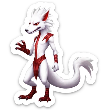 White edgy cute badass epic anthro modern albino sergal-vernid-Fakémon with red mane and red eyes with red edgy stripes, red claws, two-legged, full body sticker