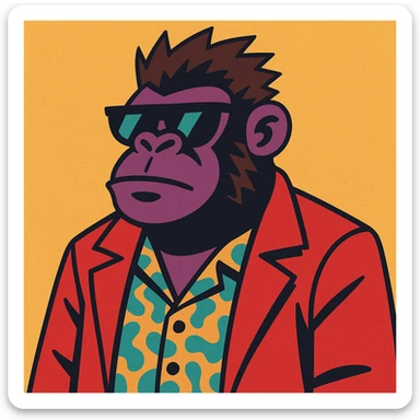 A gorilla channeling Tyler Durden, wearing sunglasses, a patterned shirt under a red jacket, and exuding a cool, anarchic vibe. sticker