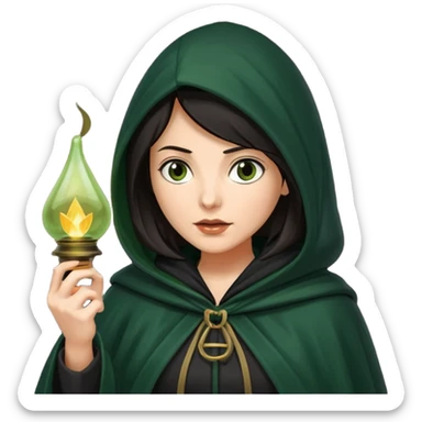 traitor tv show, dark haired woman wearing dark green cloak with hood up who looks very evil and is holding up a lantern sticker